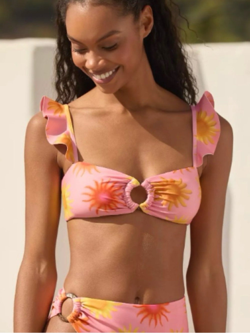 FARM Rio Pink & Yellow Sunburst Ruffle Strap Bikini Top